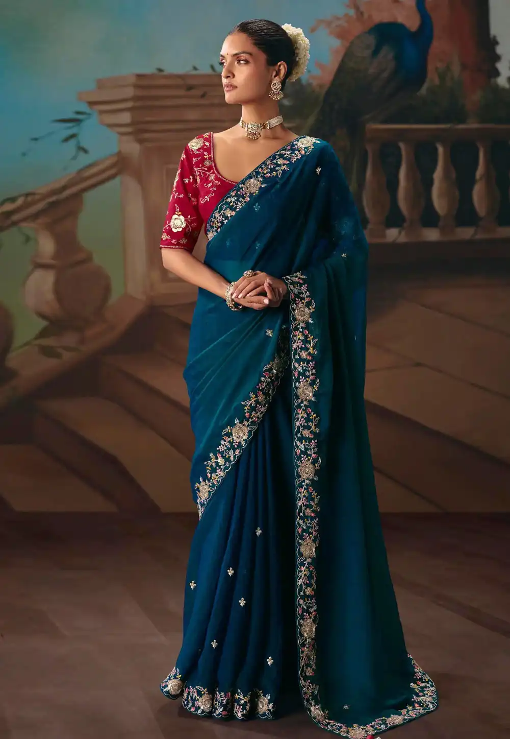 Teal Satin Saree With Blouse 322927
