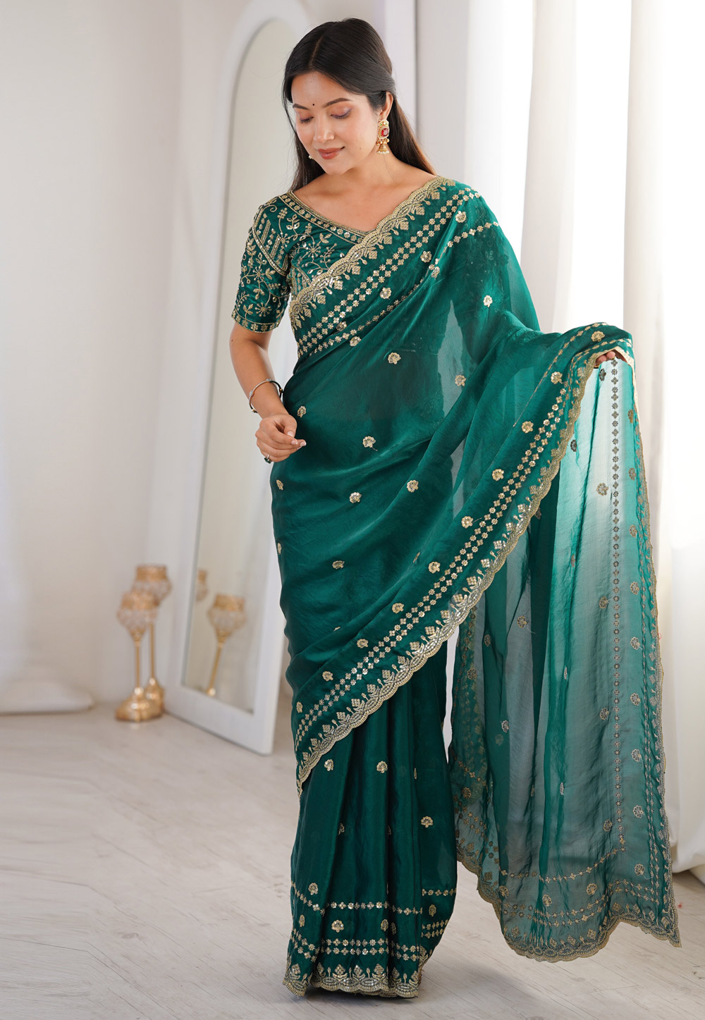 Teal Satin Saree With Blouse 329551