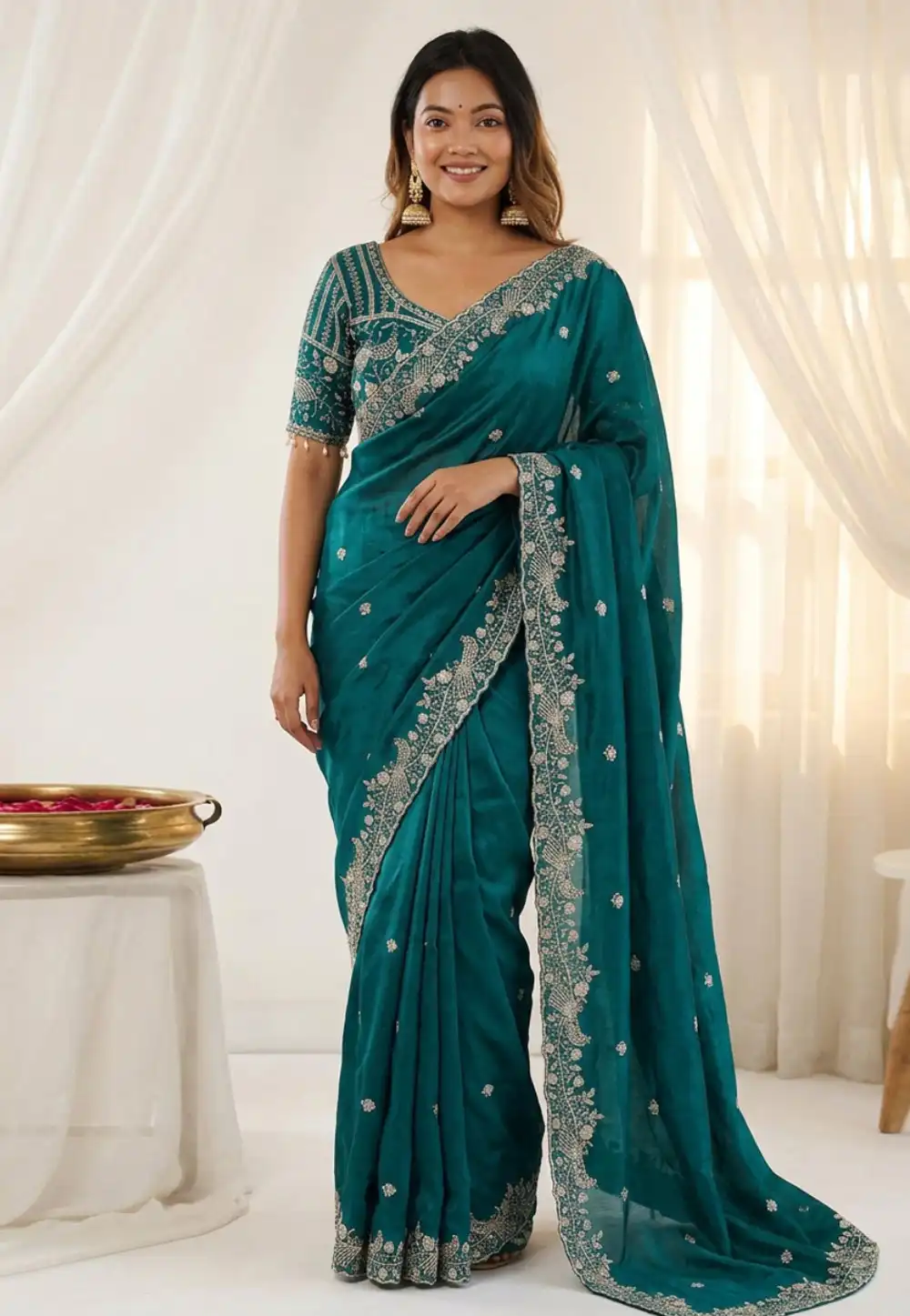 Teal Satin Saree With Blouse 330480