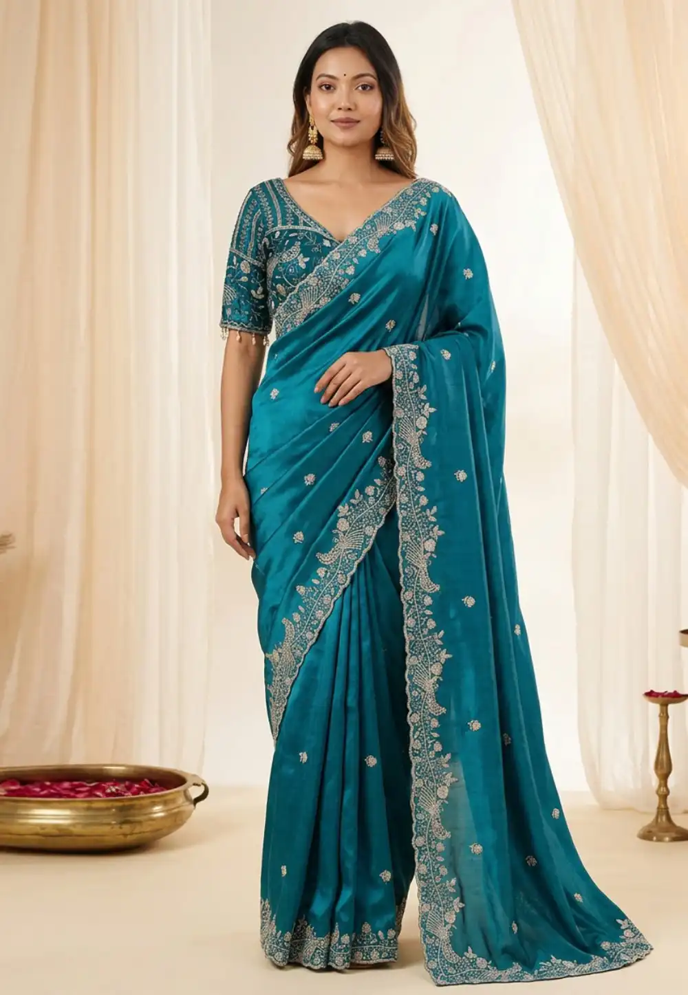Teal Satin Saree With Blouse 330484