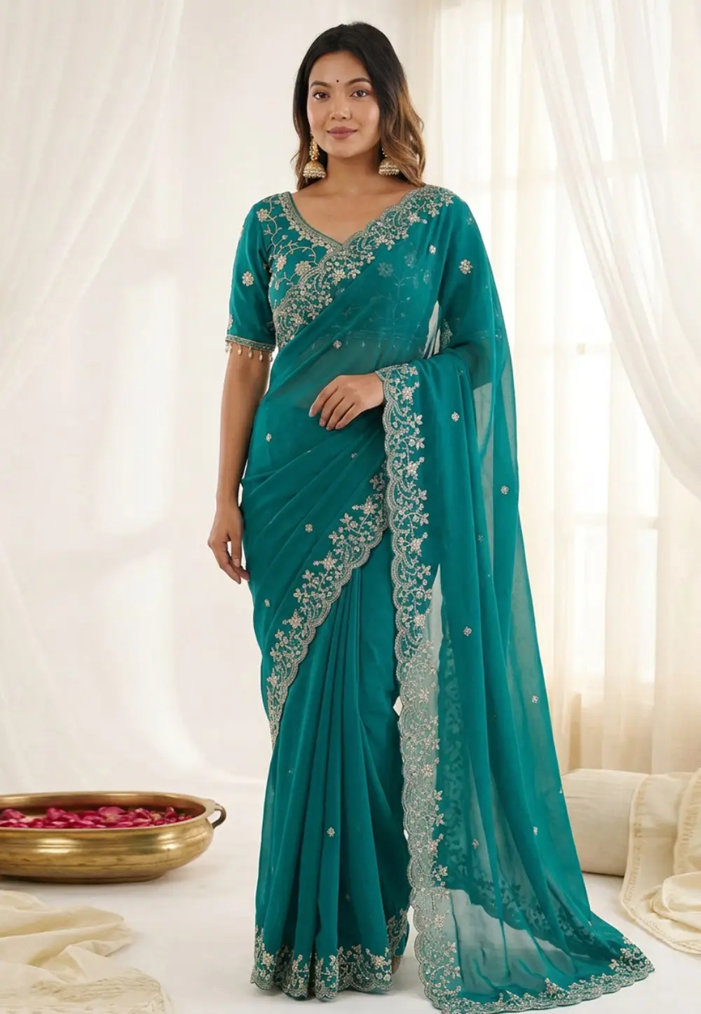 Teal Satin Saree With Blouse 330990