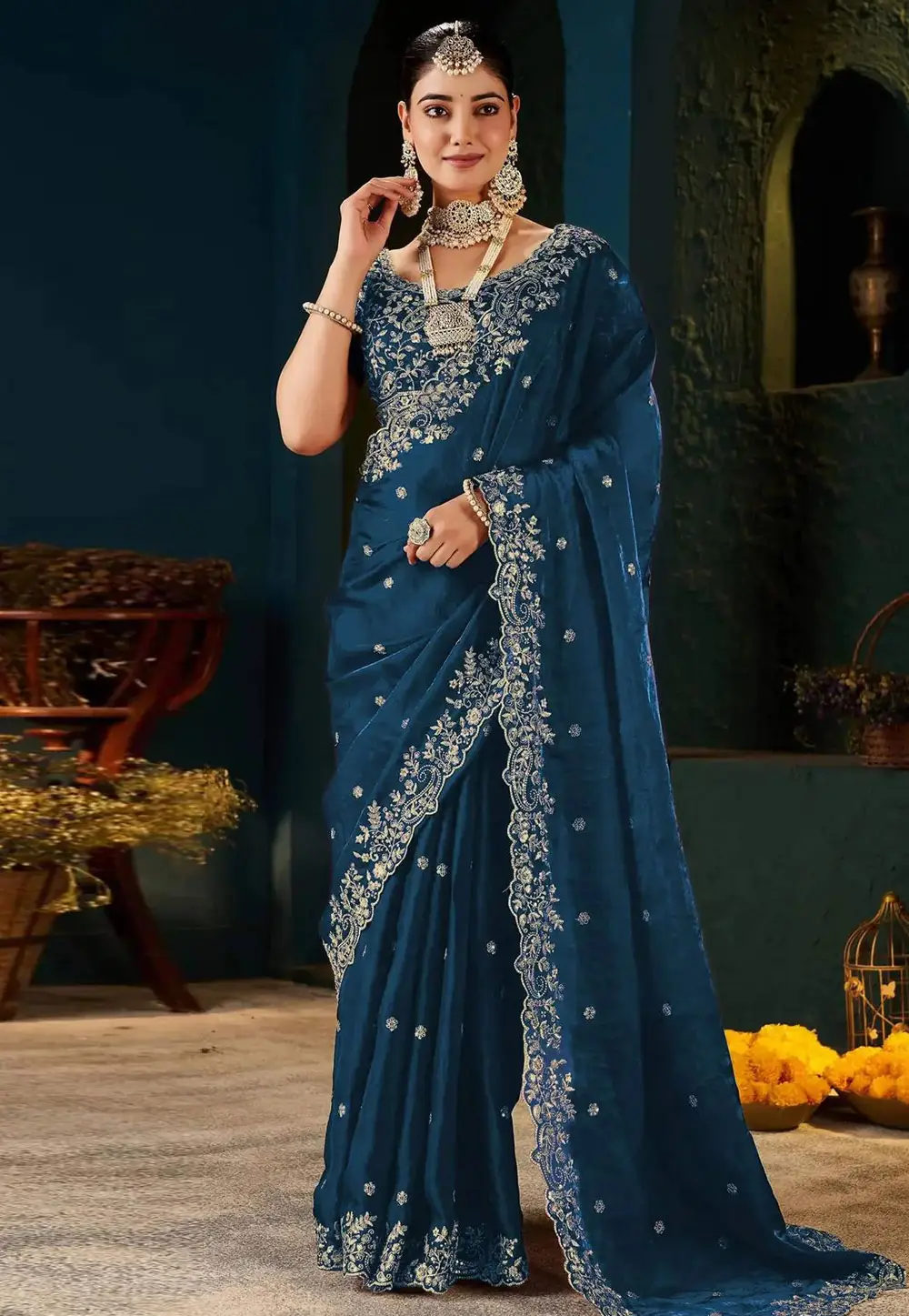 Teal Satin Saree With Blouse 331003