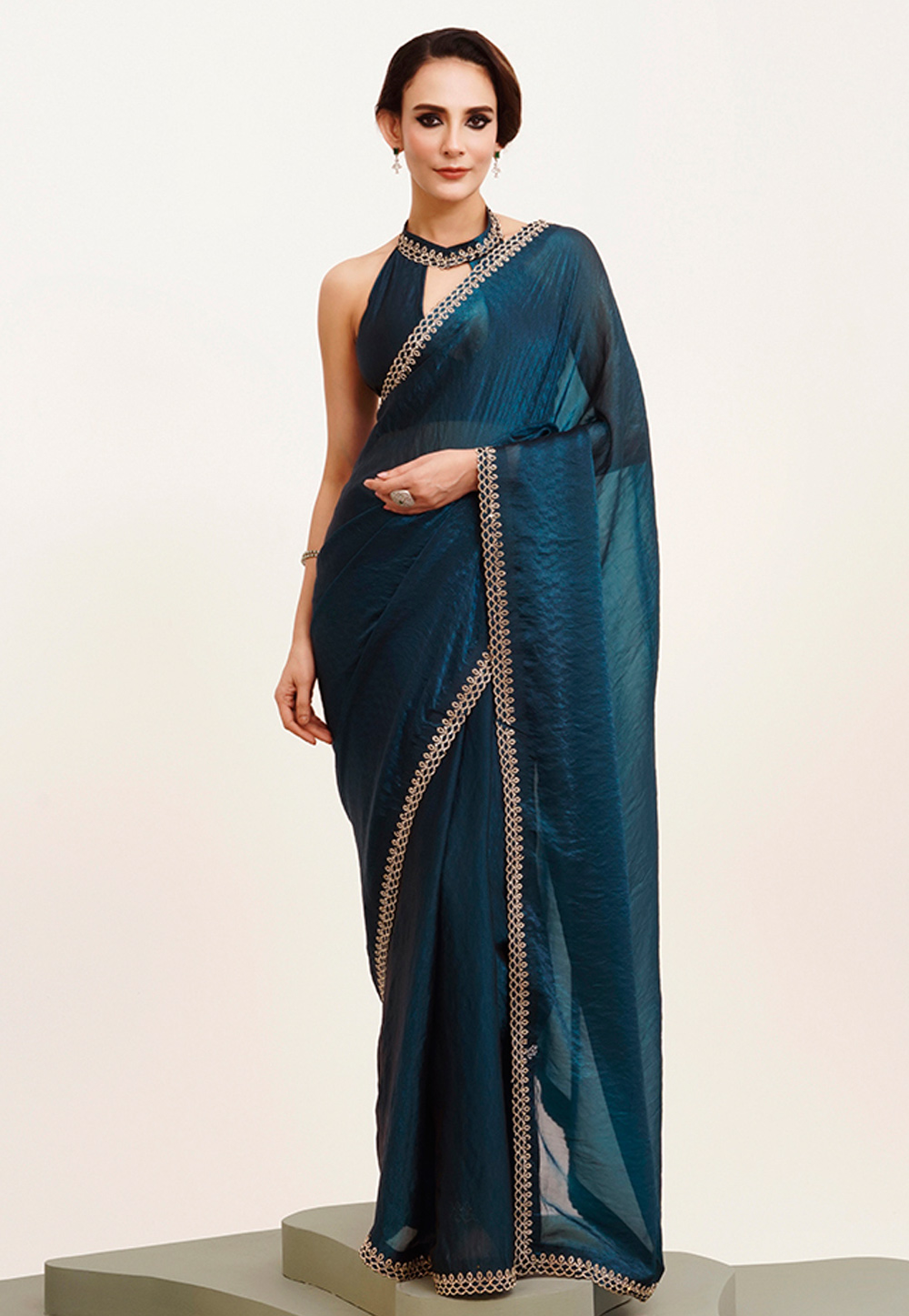Teal Satin Saree With Blouse 311909