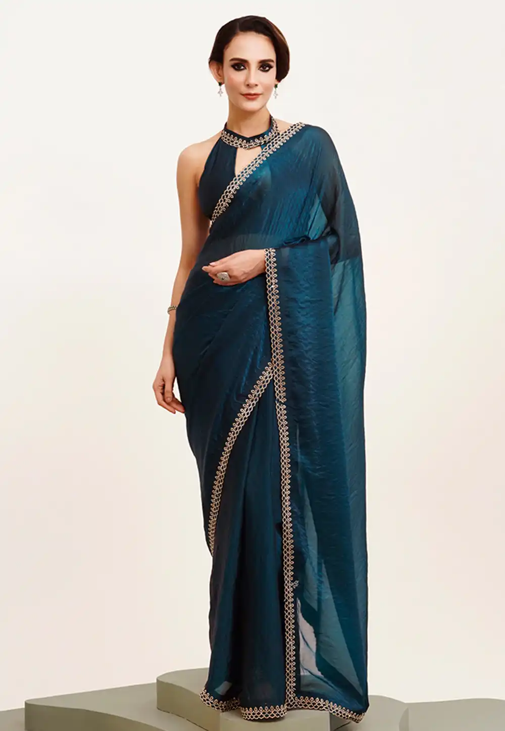 Teal Satin Saree With Blouse 311909