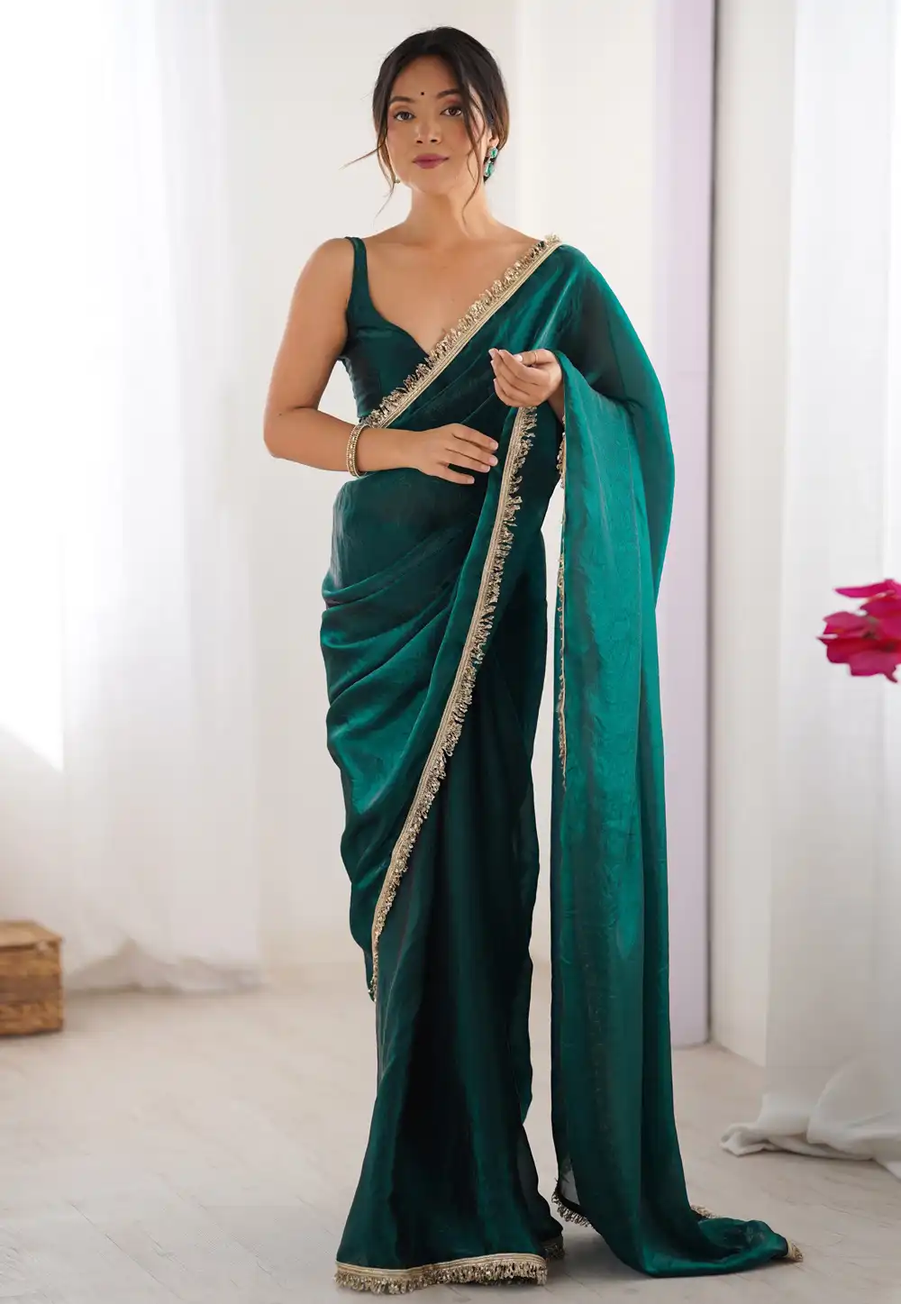 Teal Satin Saree With Blouse 314255