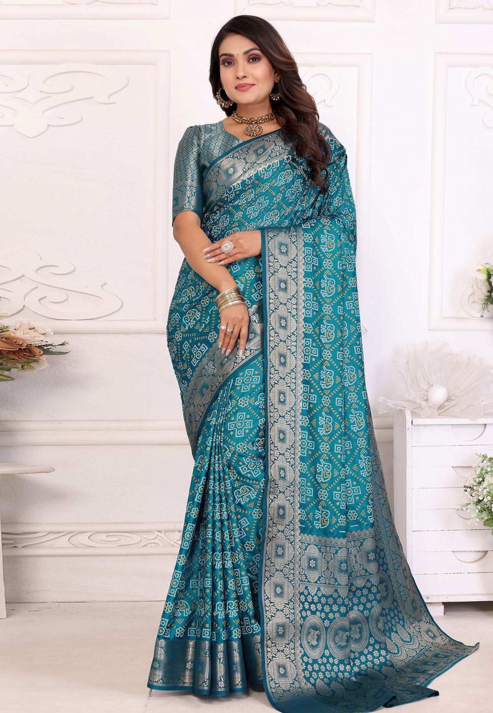 Teal Satin Silk Bandhani Print Saree 319142