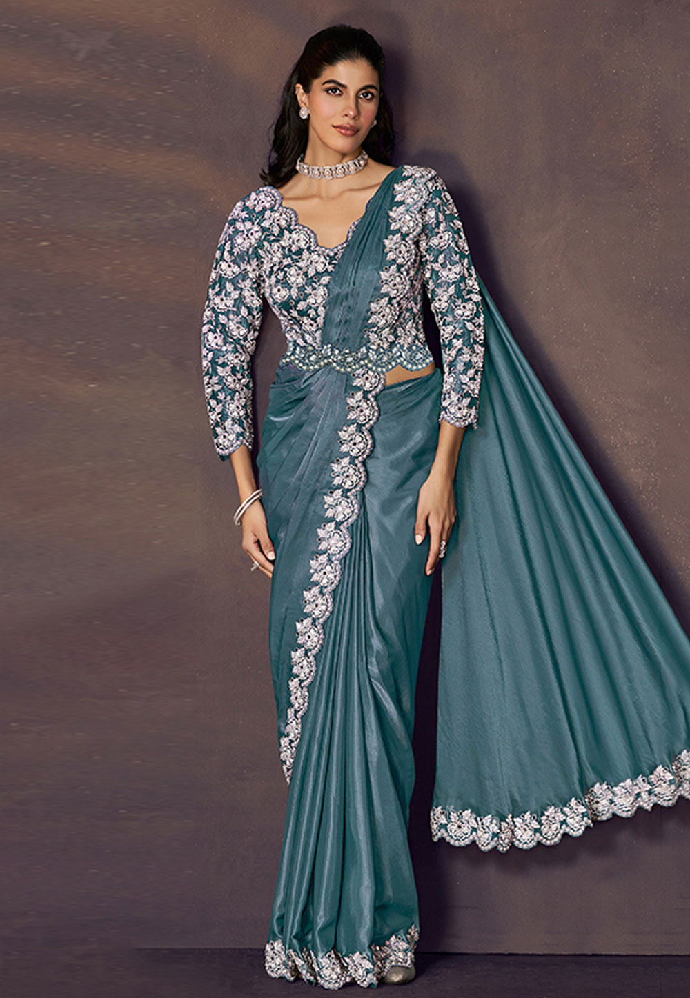 Teal Satin Silk Designer Saree 325741