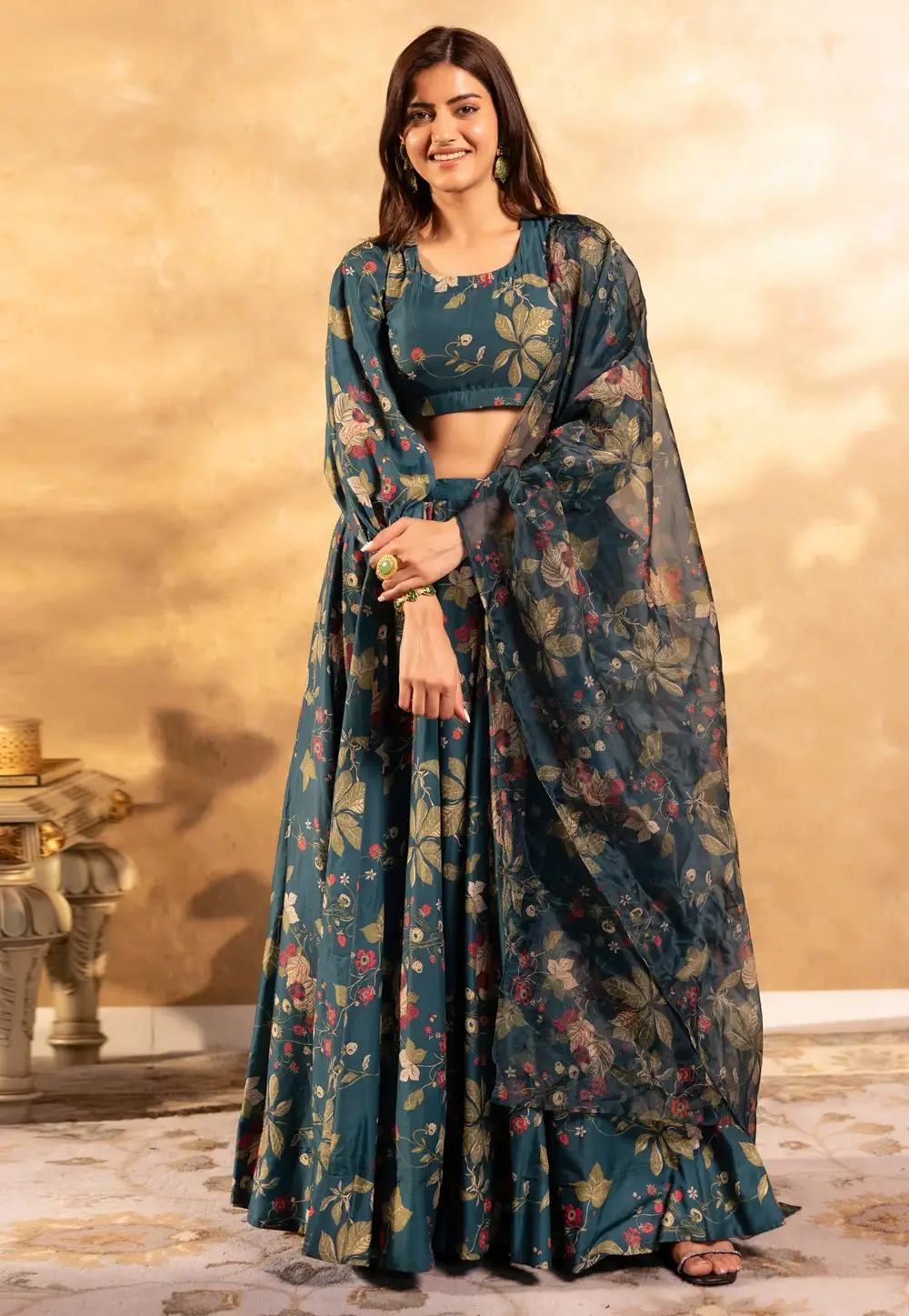 Teal Satin Silk Floral print Lehenga Choli 333546