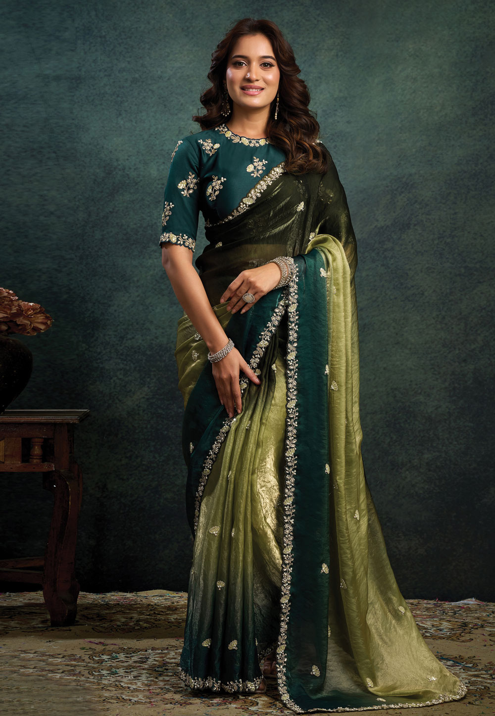 Teal Satin Silk Half N Half Saree 322370