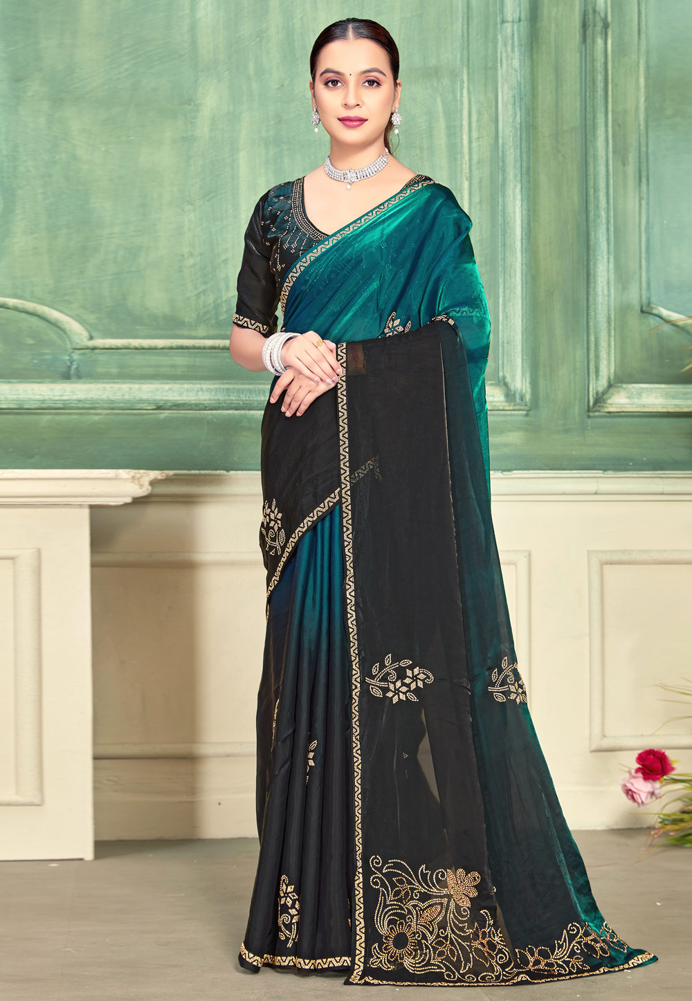 Teal Satin Silk Half N Half Saree 319492
