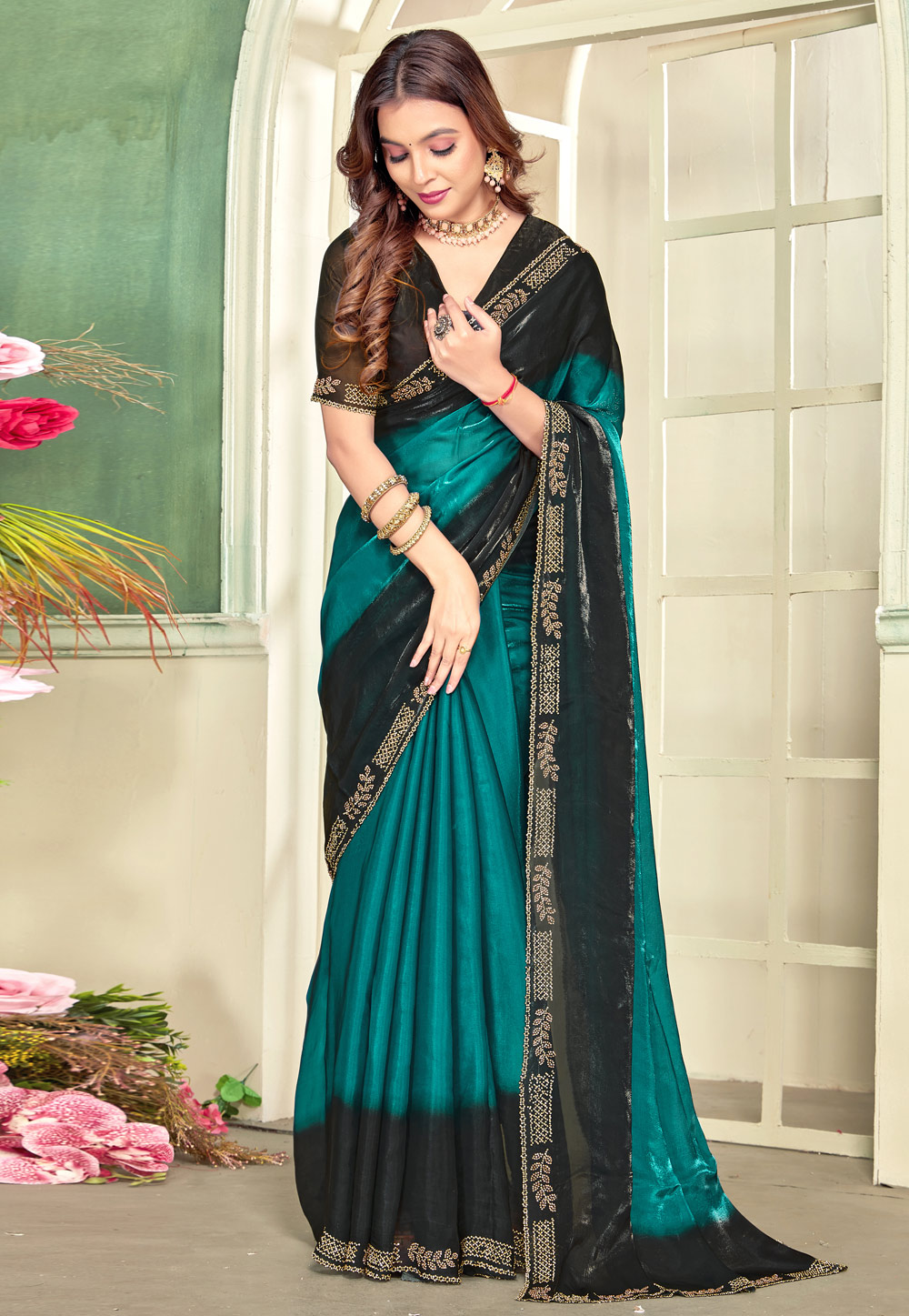 Teal Satin Silk Half N Half Saree 319836