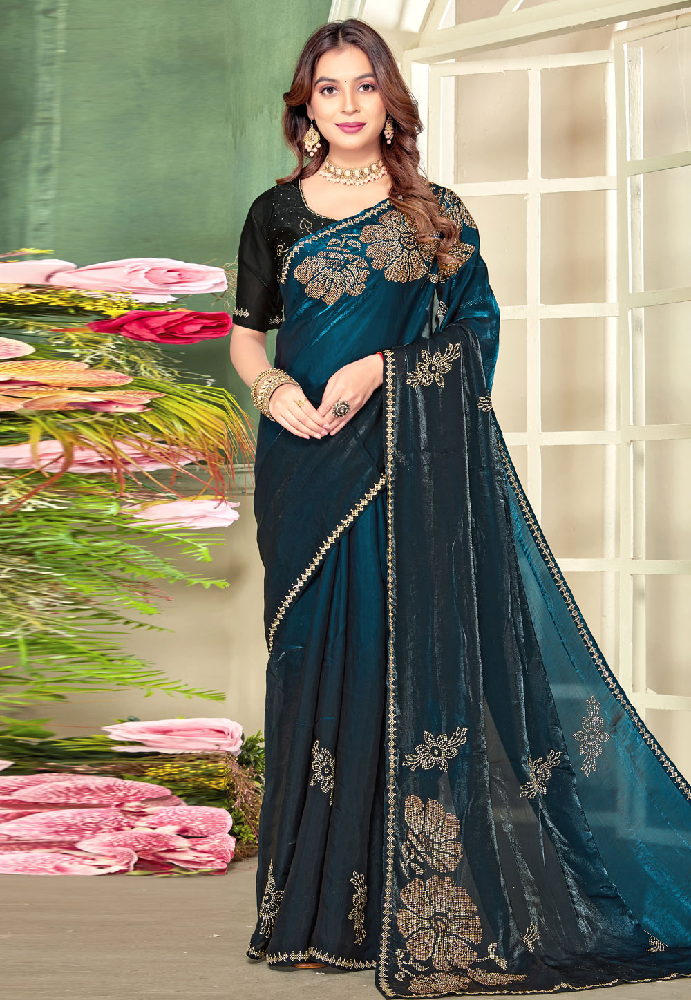 Teal Satin Silk Half N Half Saree 320157