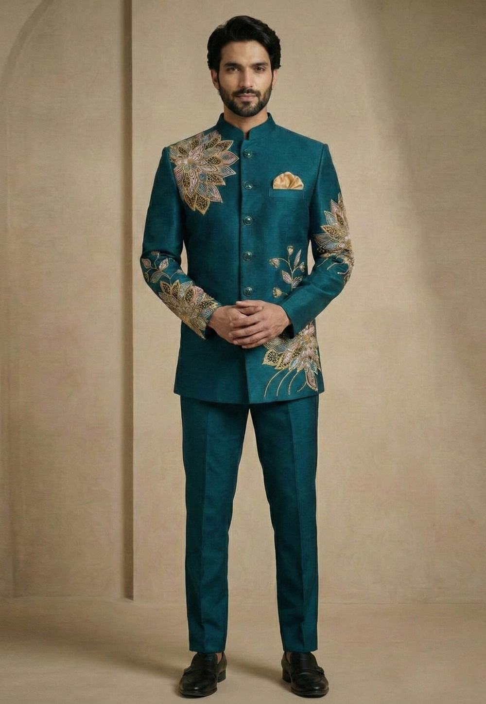 Teal Satin Silk Jodhpuri Suit 324315
