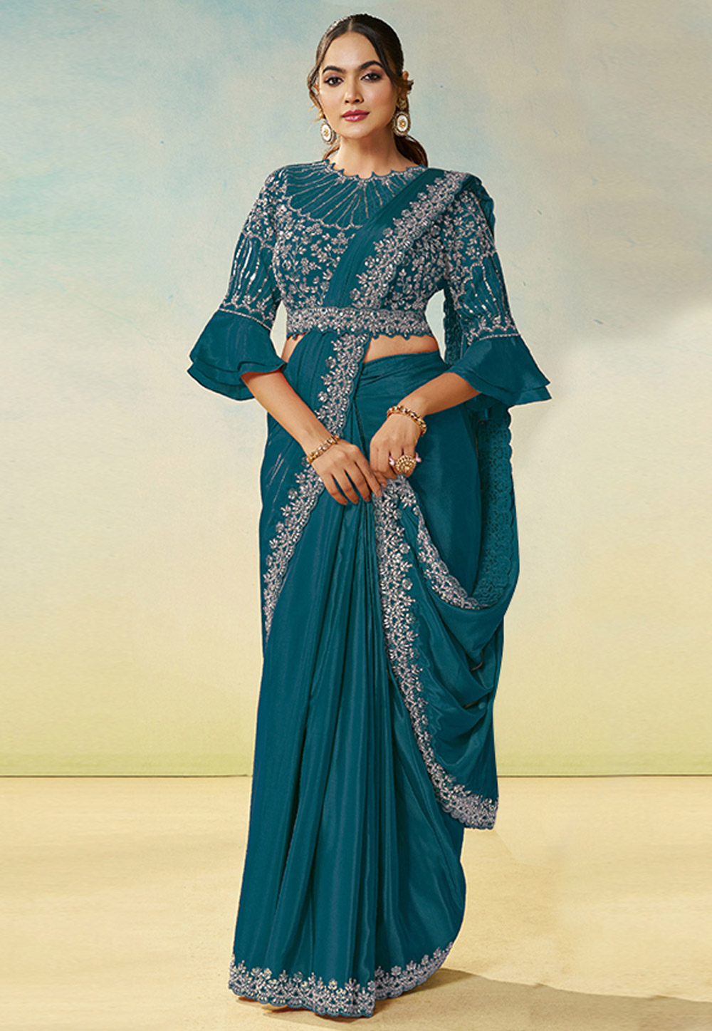Teal Satin Silk Lehenga Saree 325732