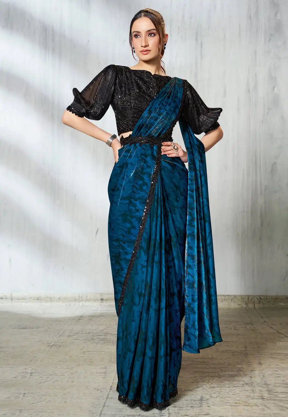 Teal Satin Silk Lehenga Saree 315395