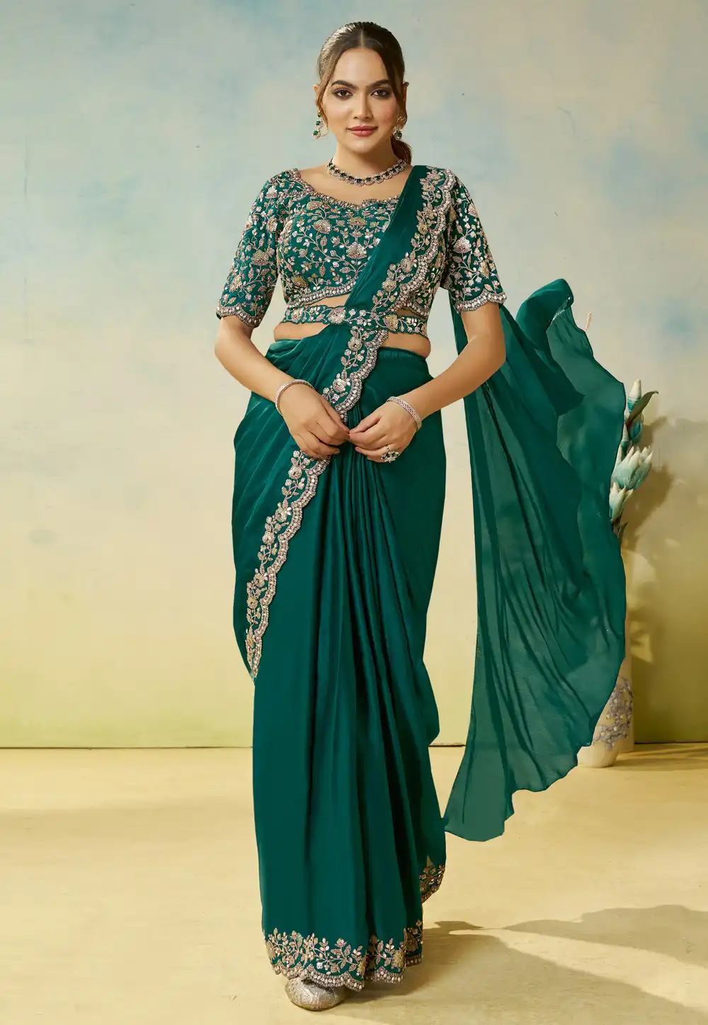Teal Satin Silk Lehenga Saree 317962