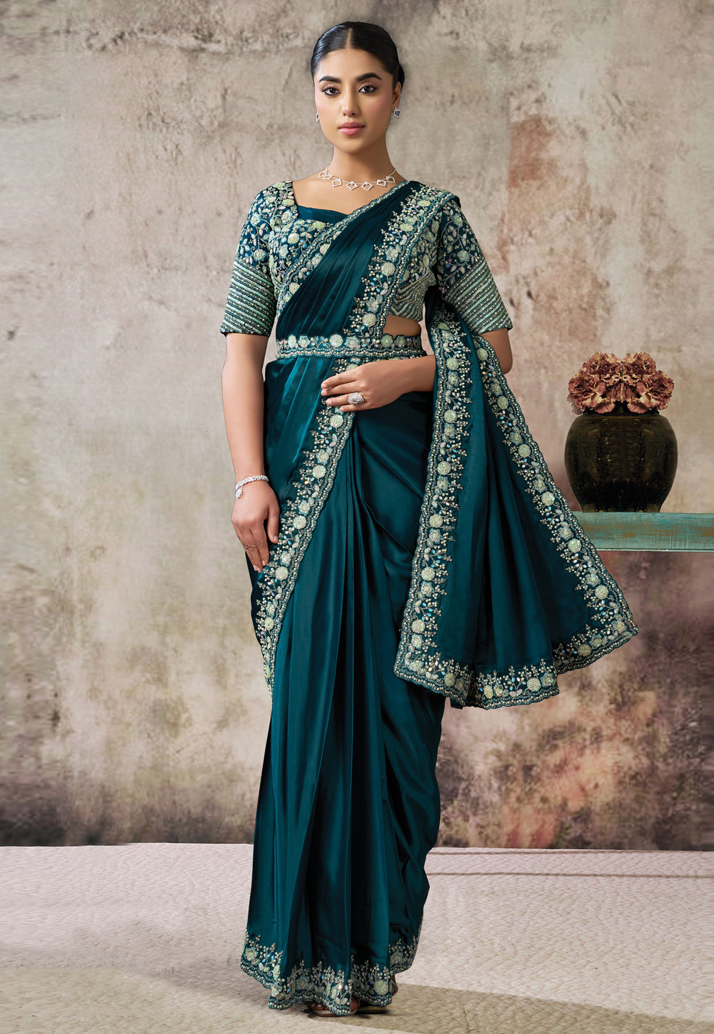 Teal Satin Silk Lehenga Saree 324411