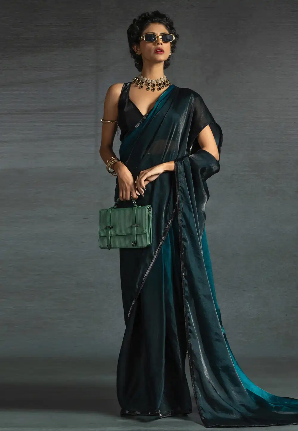 Teal Satin Silk Saree With Blouse 308762