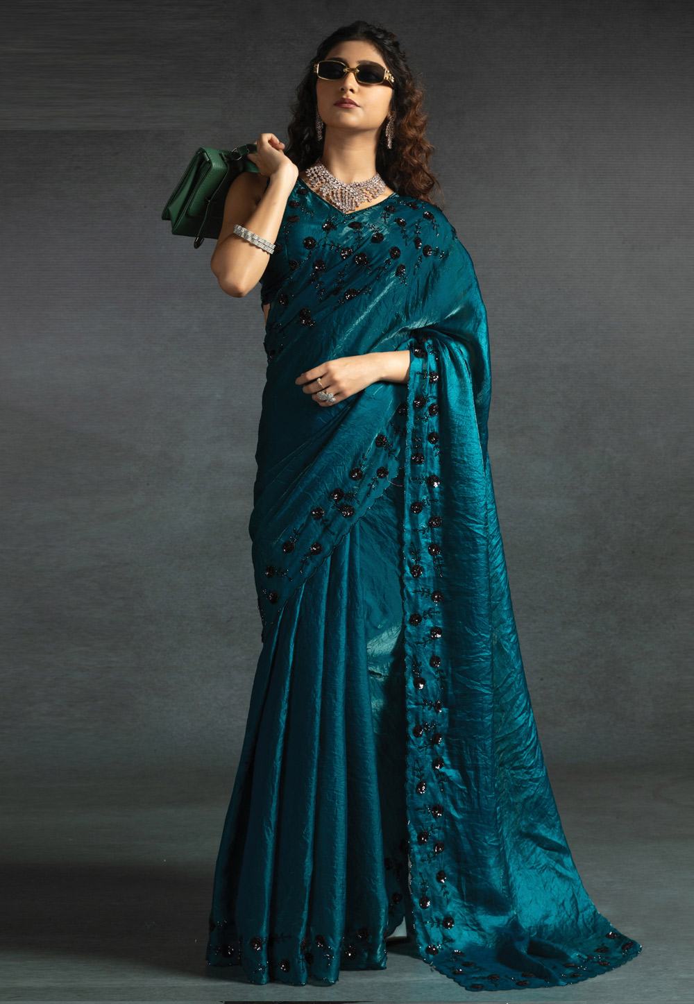 Teal Satin Silk Saree With Blouse 307688