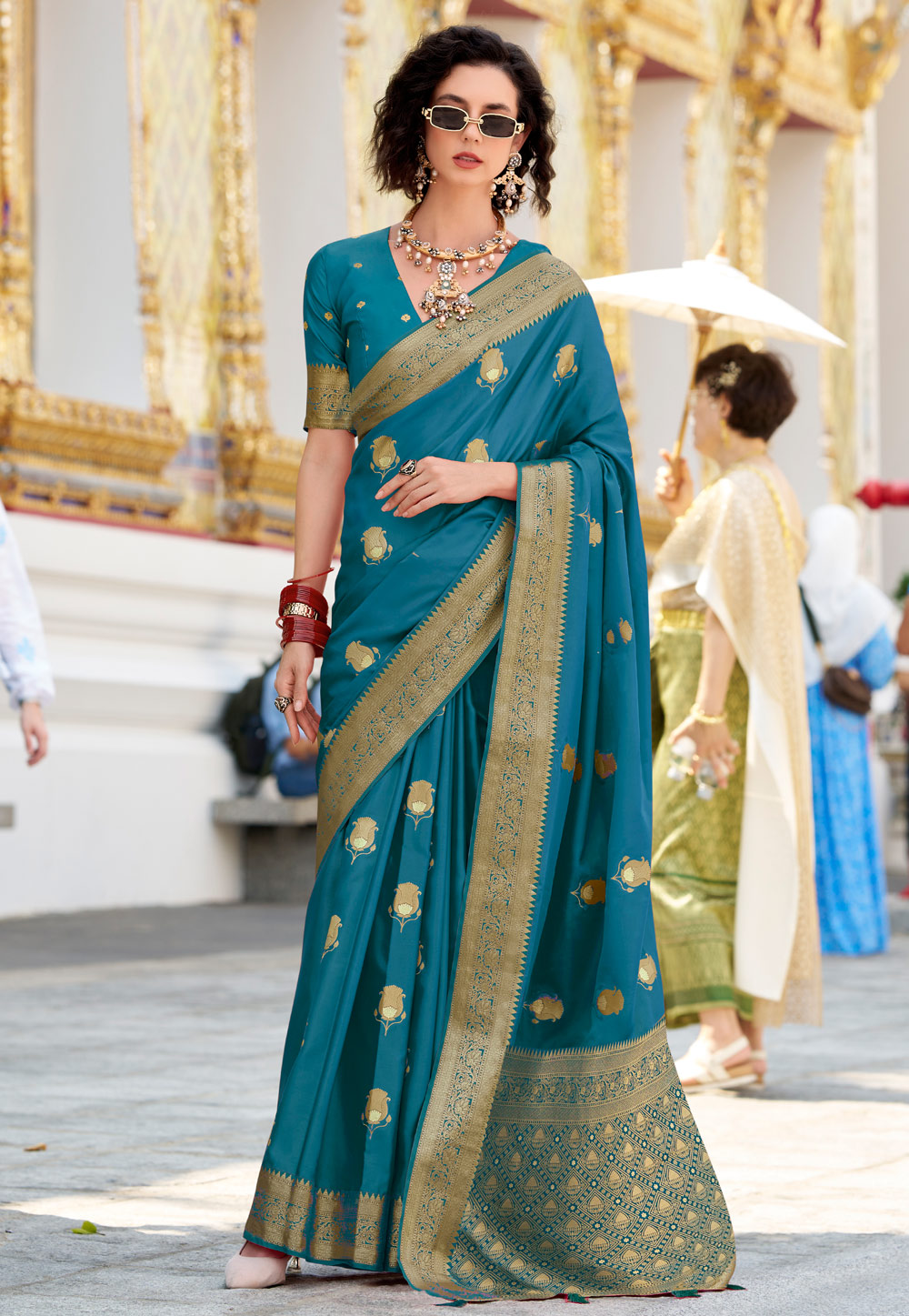 Teal Satin Silk Saree With Blouse 307009