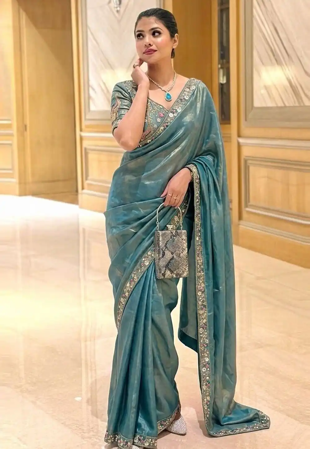 Teal Satin Silk Saree With Blouse 329828