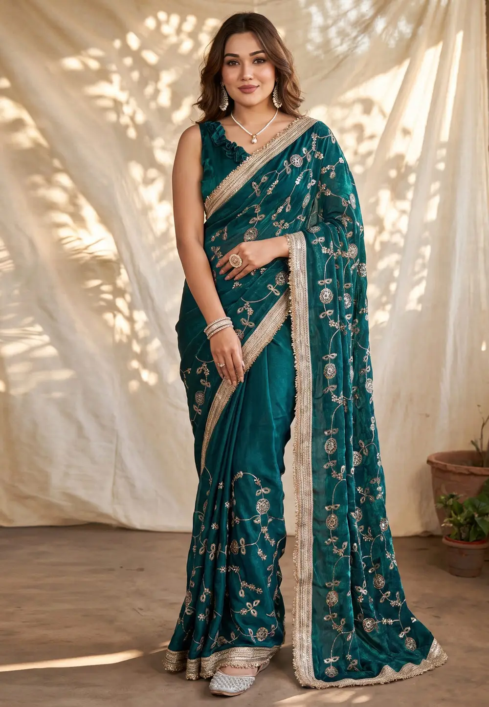 Teal Satin Silk Saree With Blouse 335306