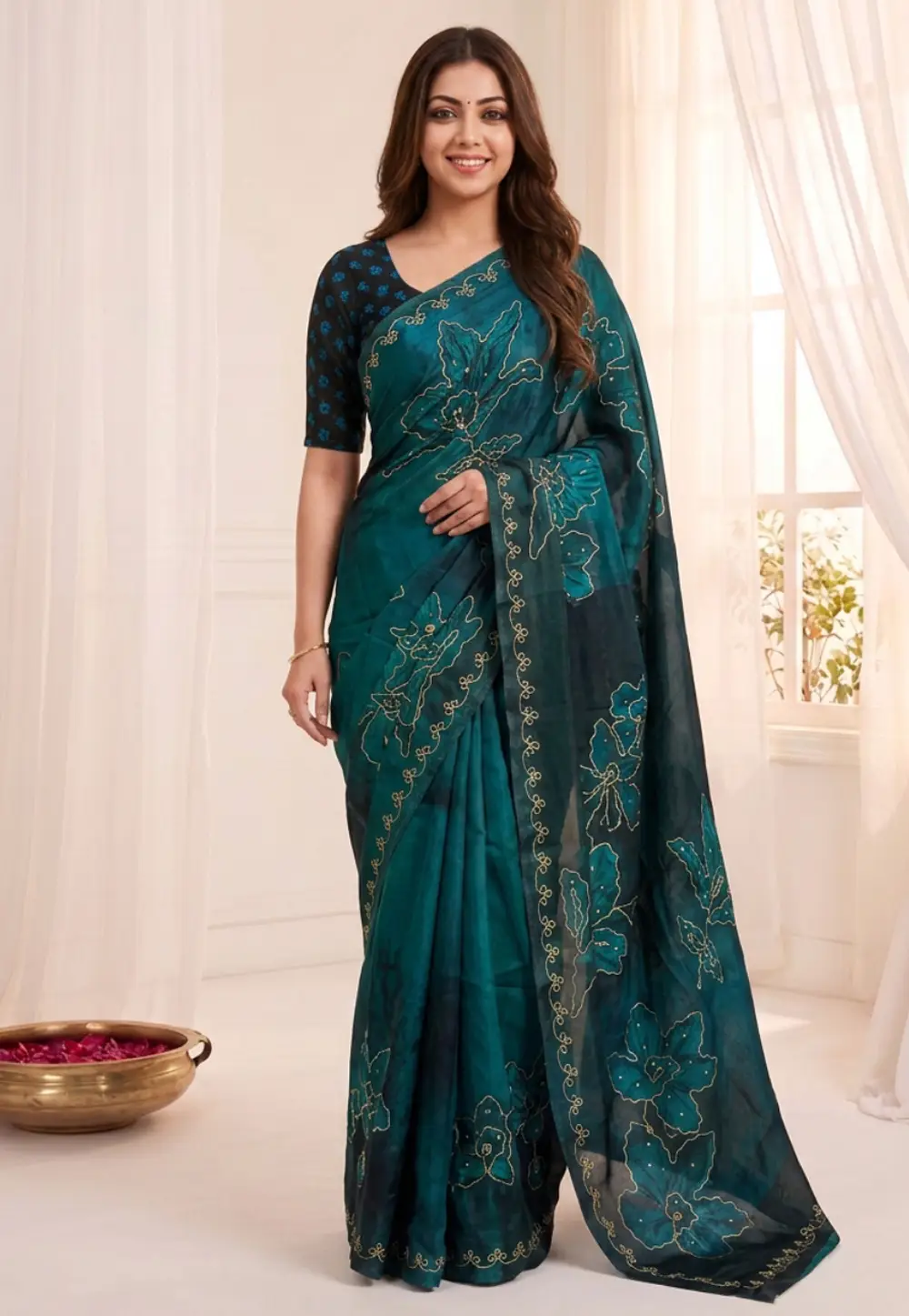 Teal Satin Silk Saree With Blouse 336624