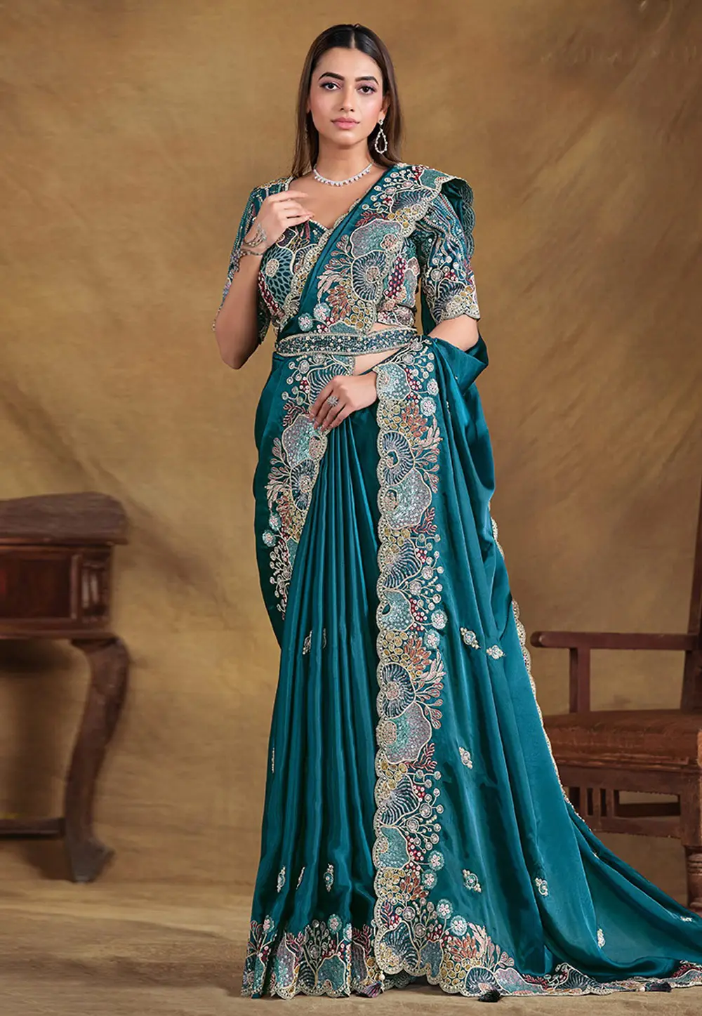 Teal Satin Silk Saree With Blouse 297175