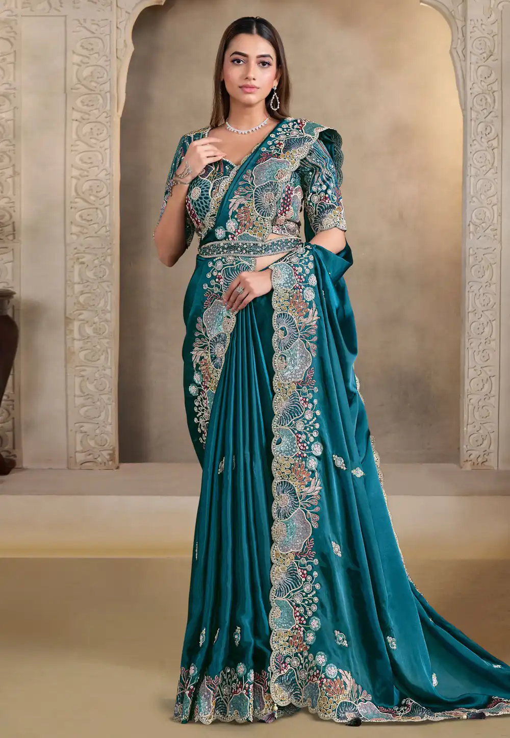 Teal Satin Silk Saree With Blouse 318974