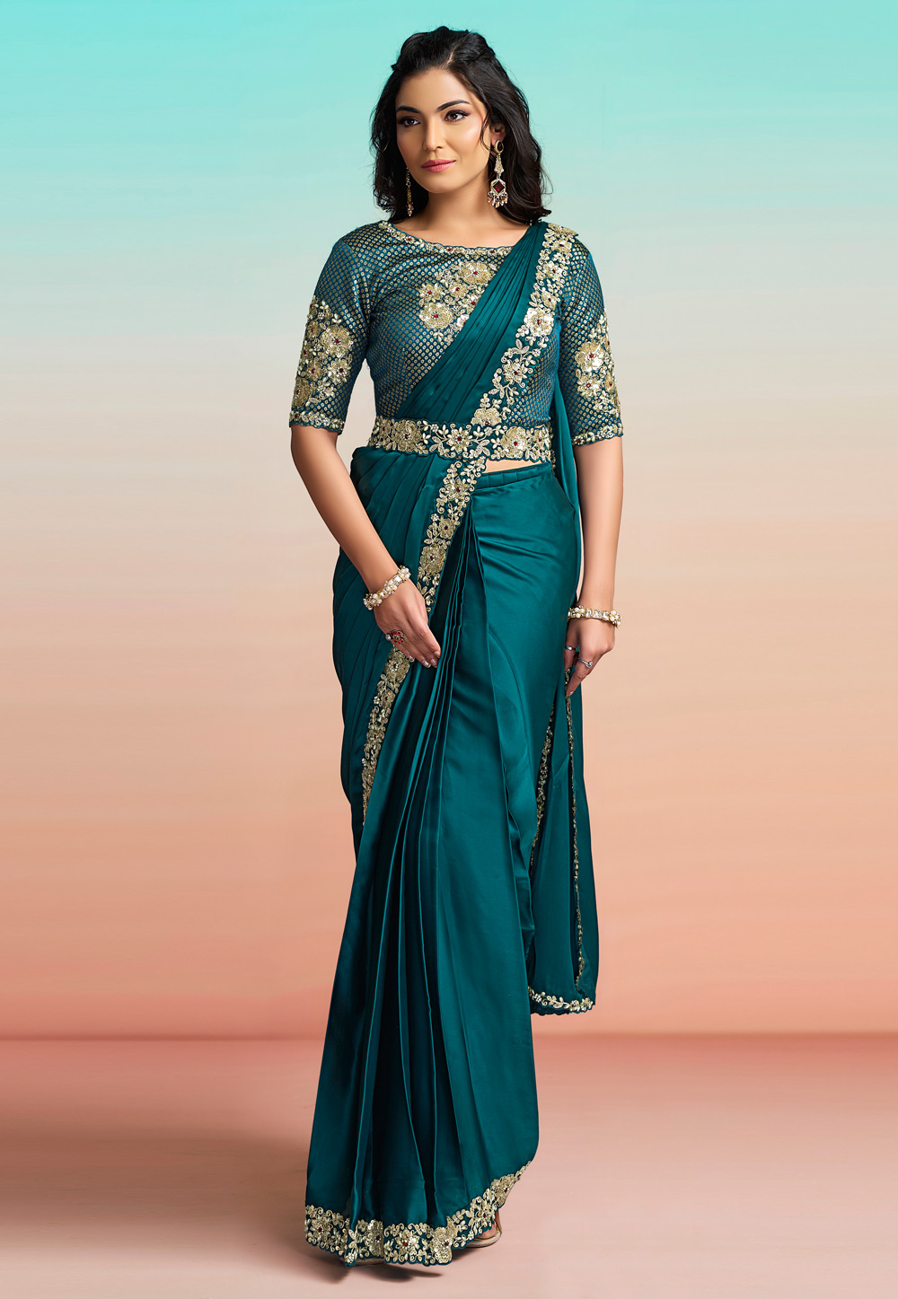 Teal Satin Silk Saree With Blouse 327234
