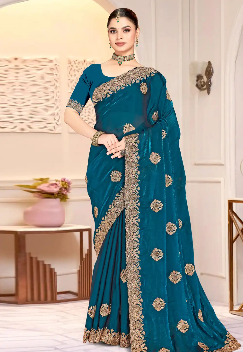 Teal Satin Silk Saree With Blouse 318431