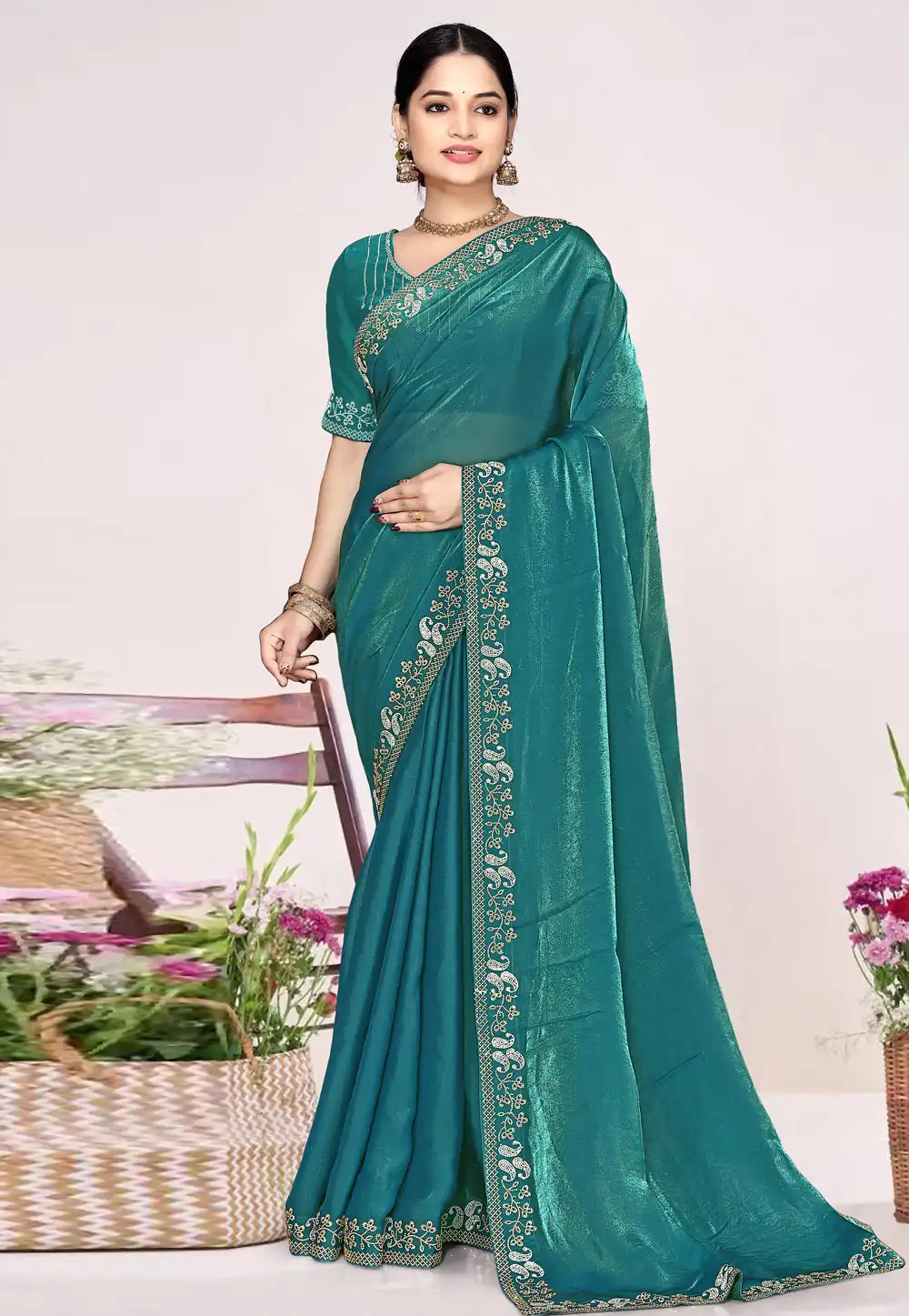 Teal Satin Silk Saree With Blouse 326863