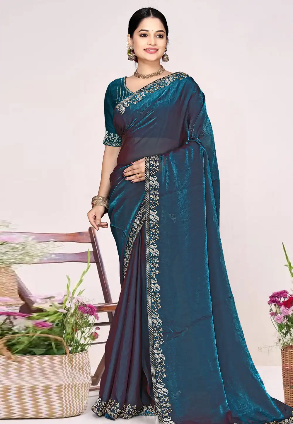 Teal Satin Silk Saree With Blouse 326867