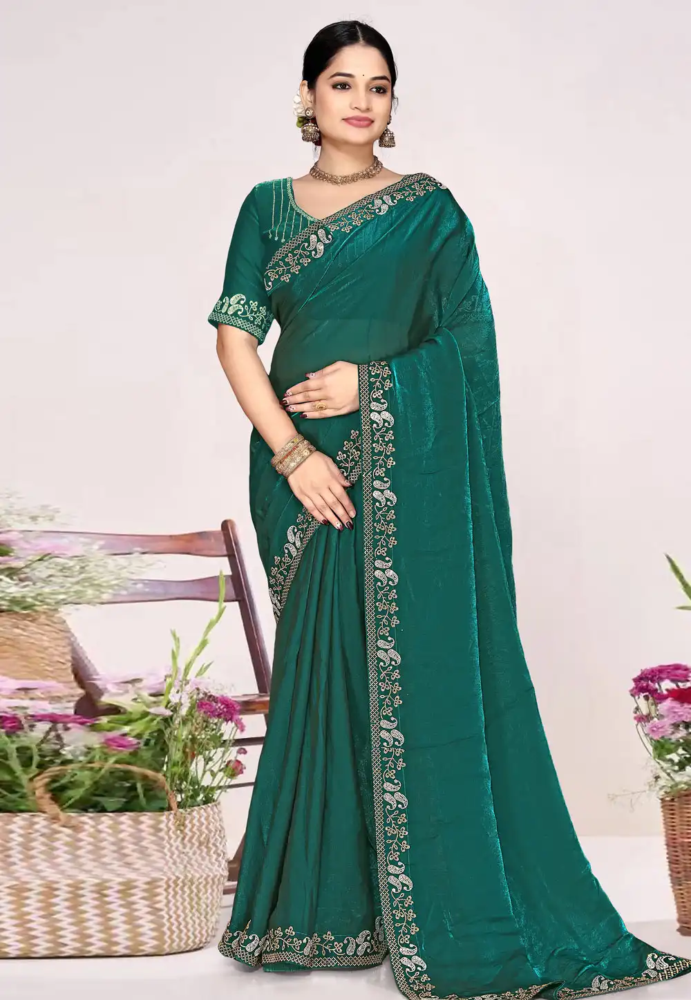 Teal Satin Silk Saree With Blouse 326871