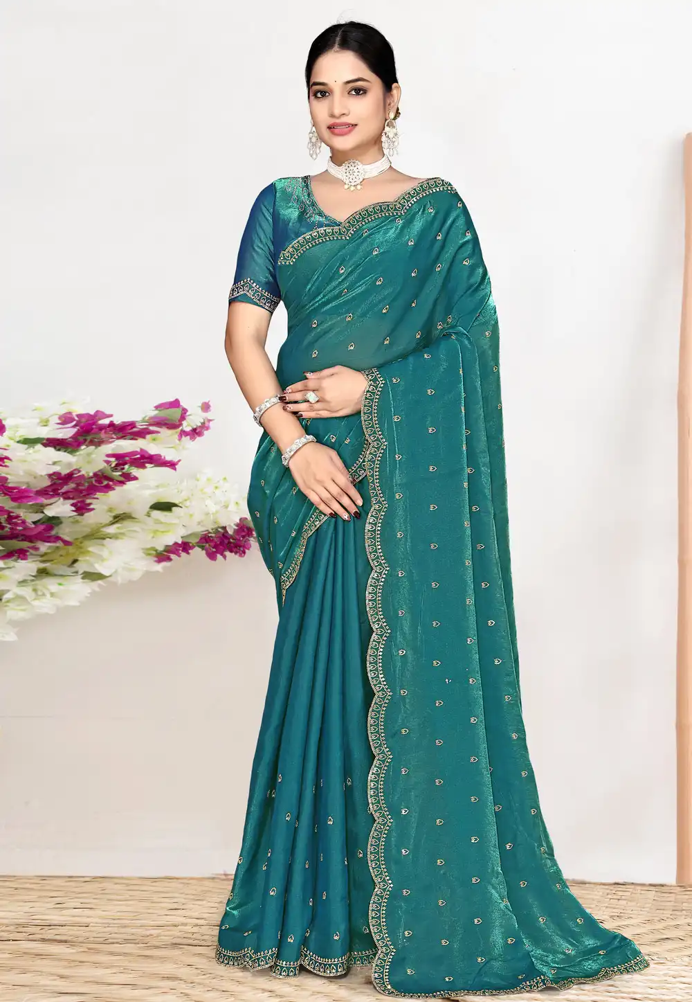 Teal Satin Silk Saree With Blouse 327218