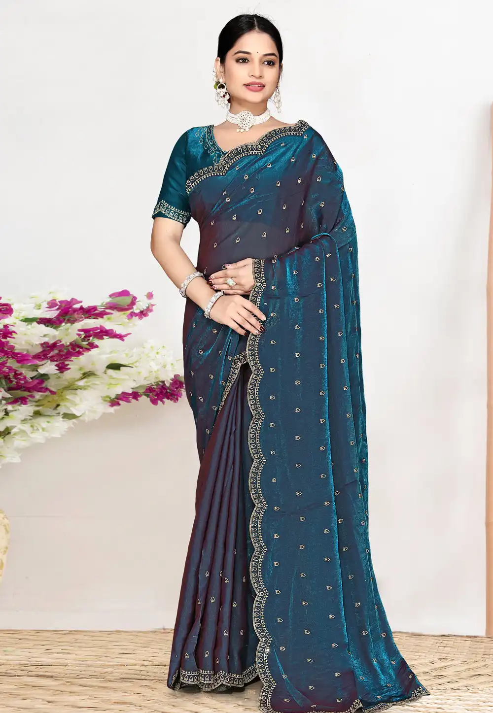 Teal Satin Silk Saree With Blouse 327222