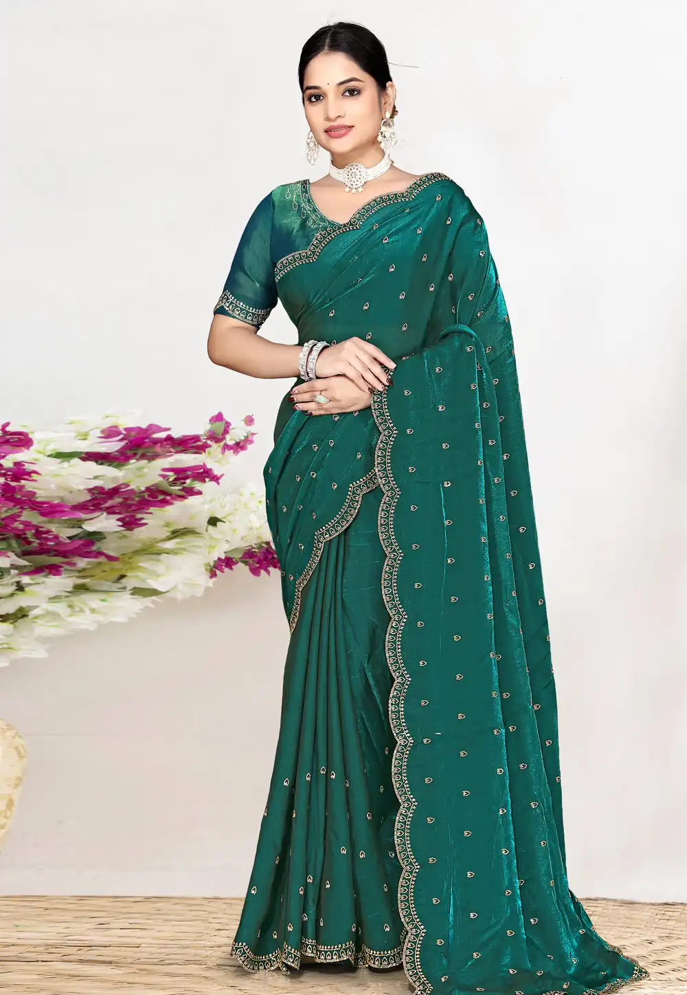 Teal Satin Silk Saree With Blouse 327228