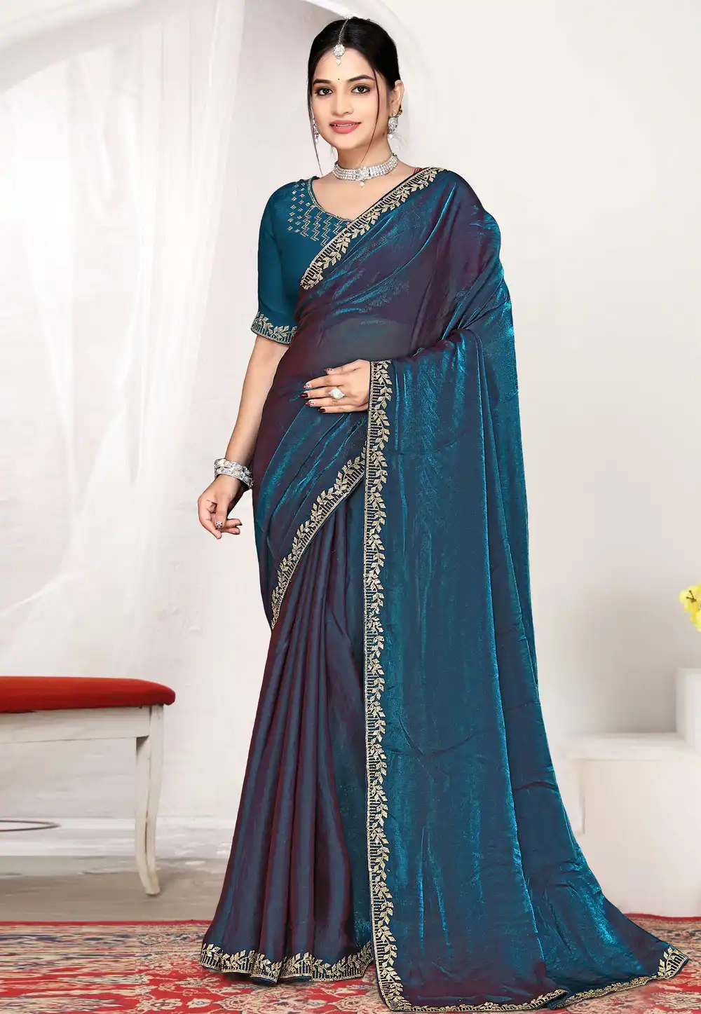 Teal Satin Silk Saree With Blouse 327383