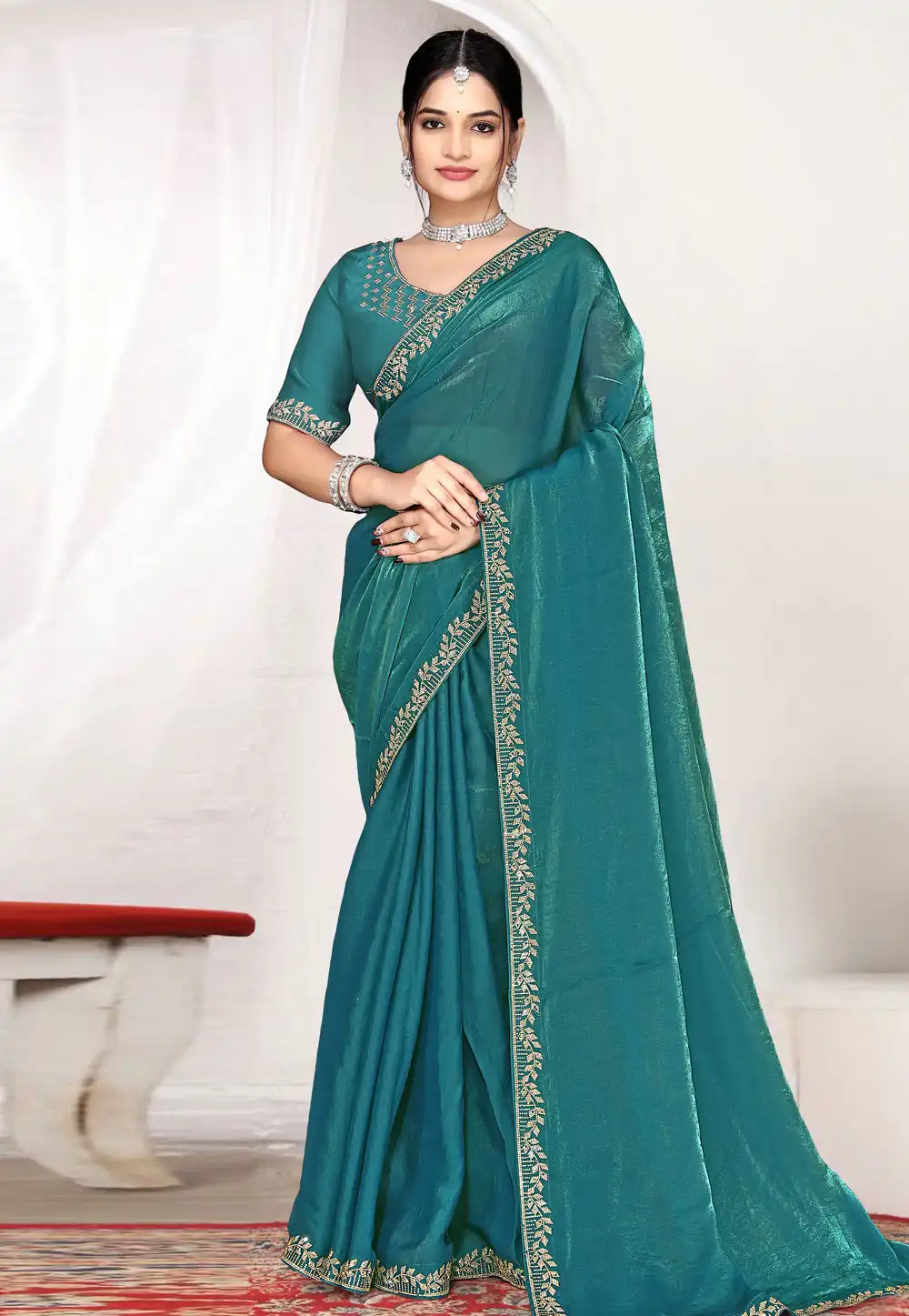 Teal Satin Silk Saree With Blouse 327389