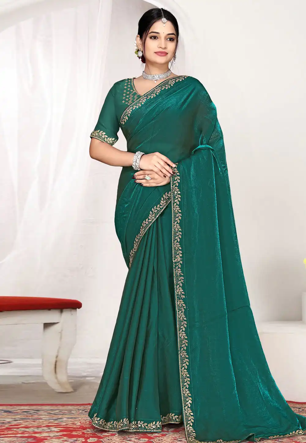 Teal Satin Silk Saree With Blouse 327391