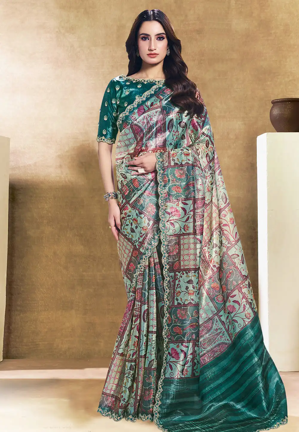 Teal Satin Silk Saree With Blouse 328497