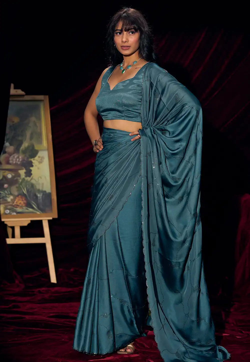 Teal Satin Silk Saree With Blouse 327773