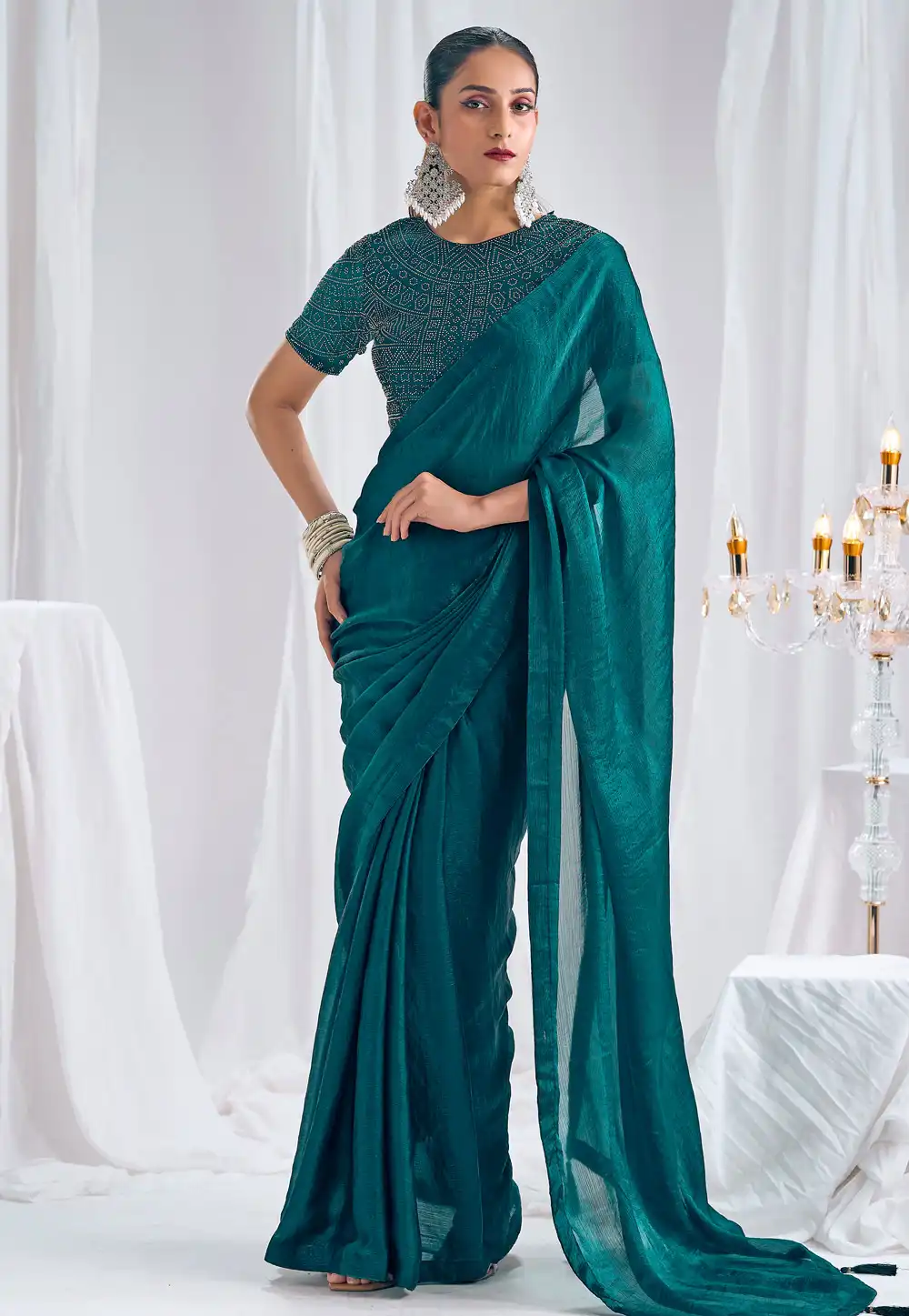 Teal Satin Silk Saree With Blouse 327774