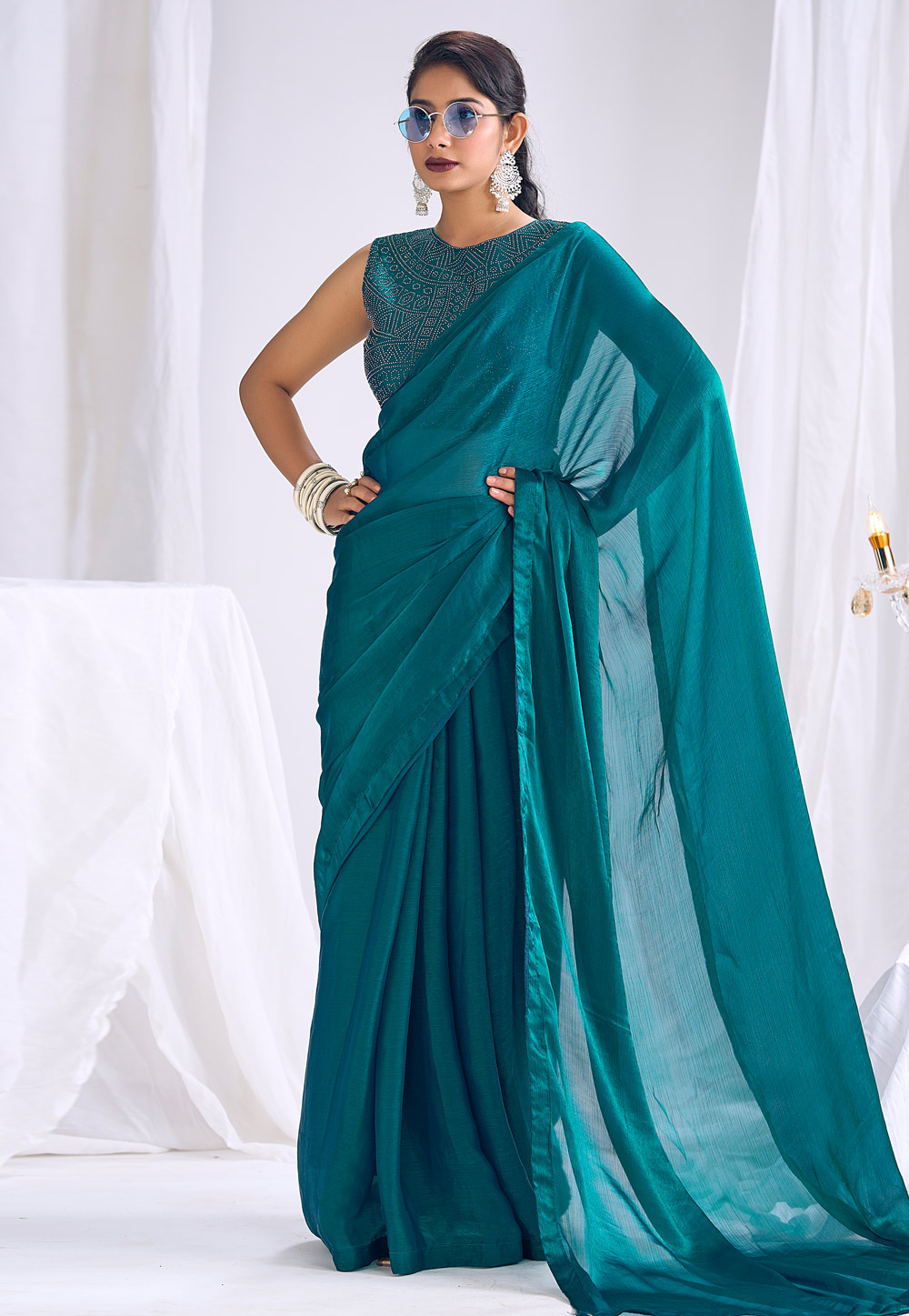 Teal Satin Silk Saree With Blouse 327777