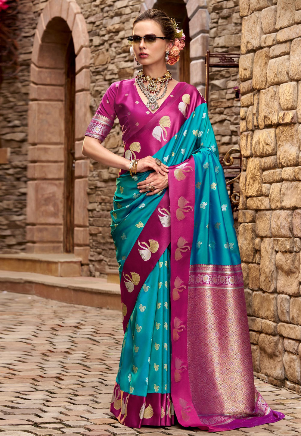 Teal Satin Silk Saree With Blouse 318335