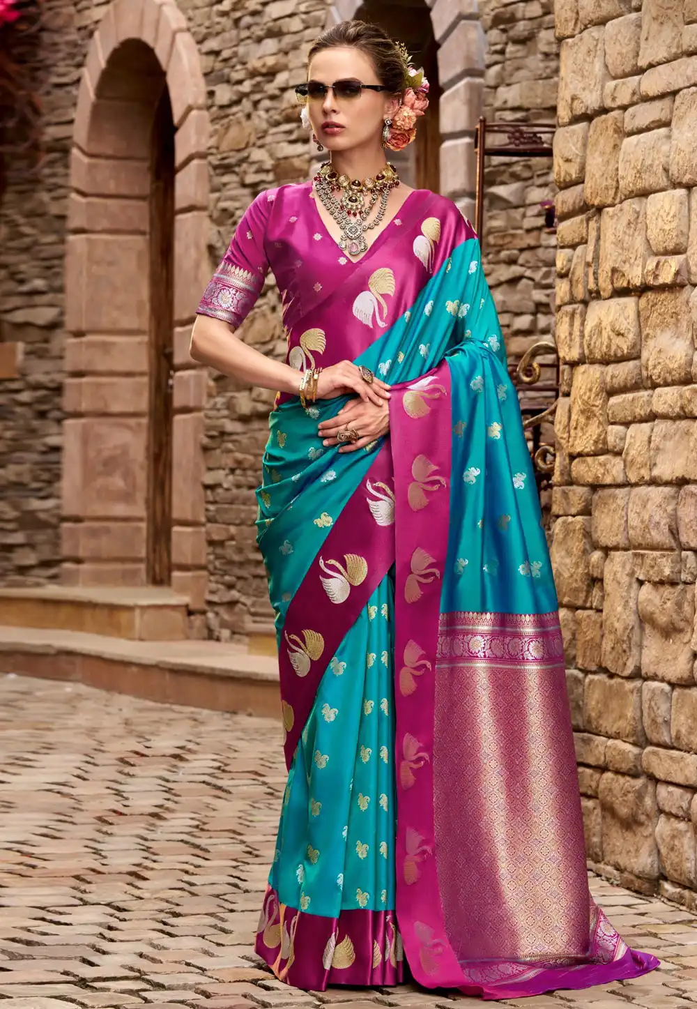 Teal Satin Silk Saree With Blouse 318335