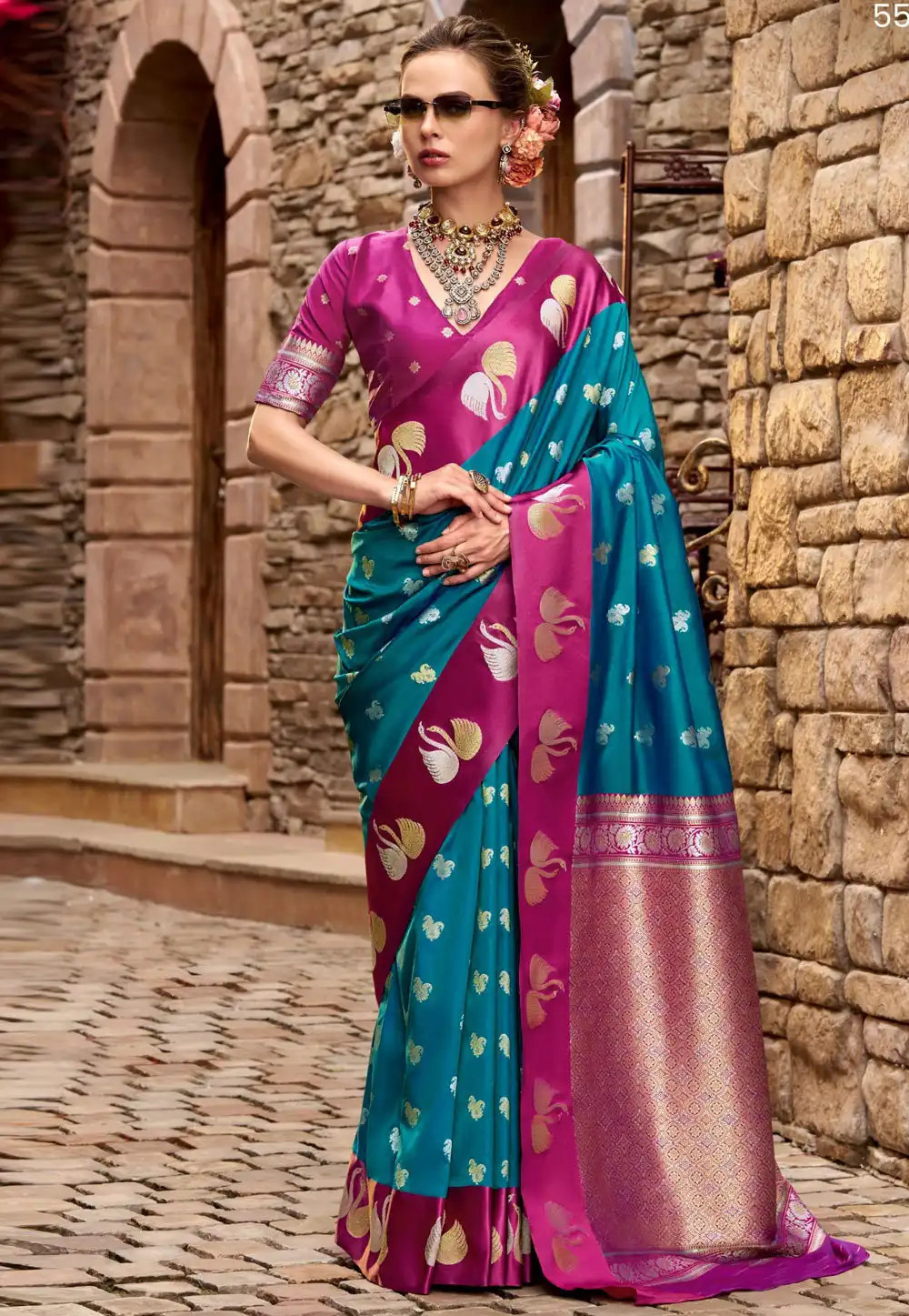 Teal Satin Silk Saree With Blouse 318339