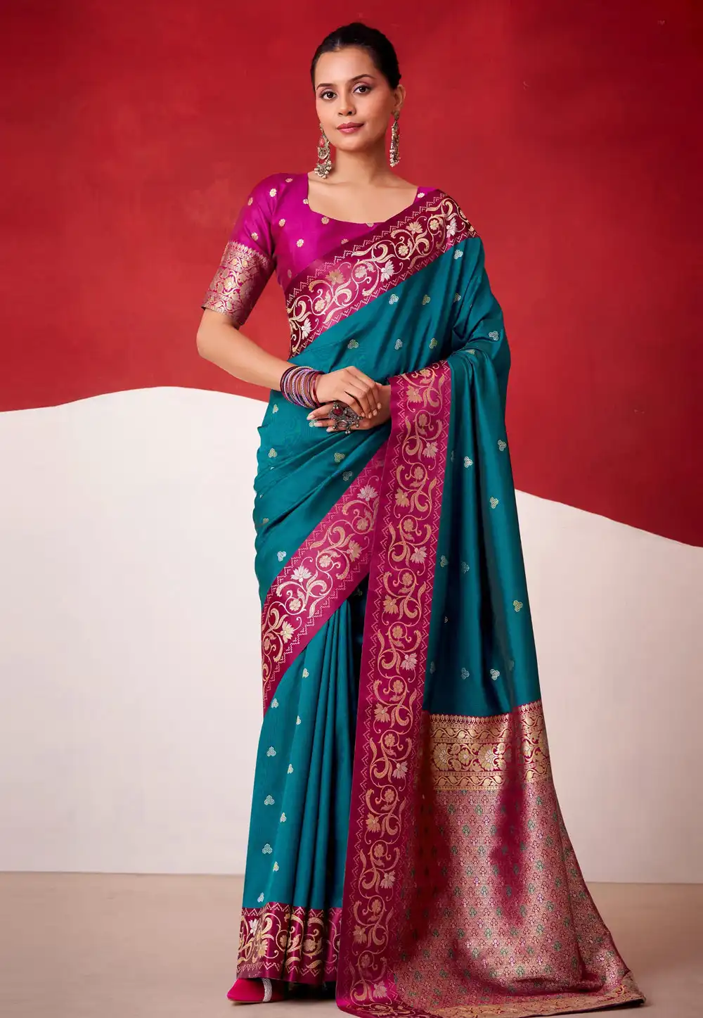 Teal Satin Silk Saree With Blouse 324382
