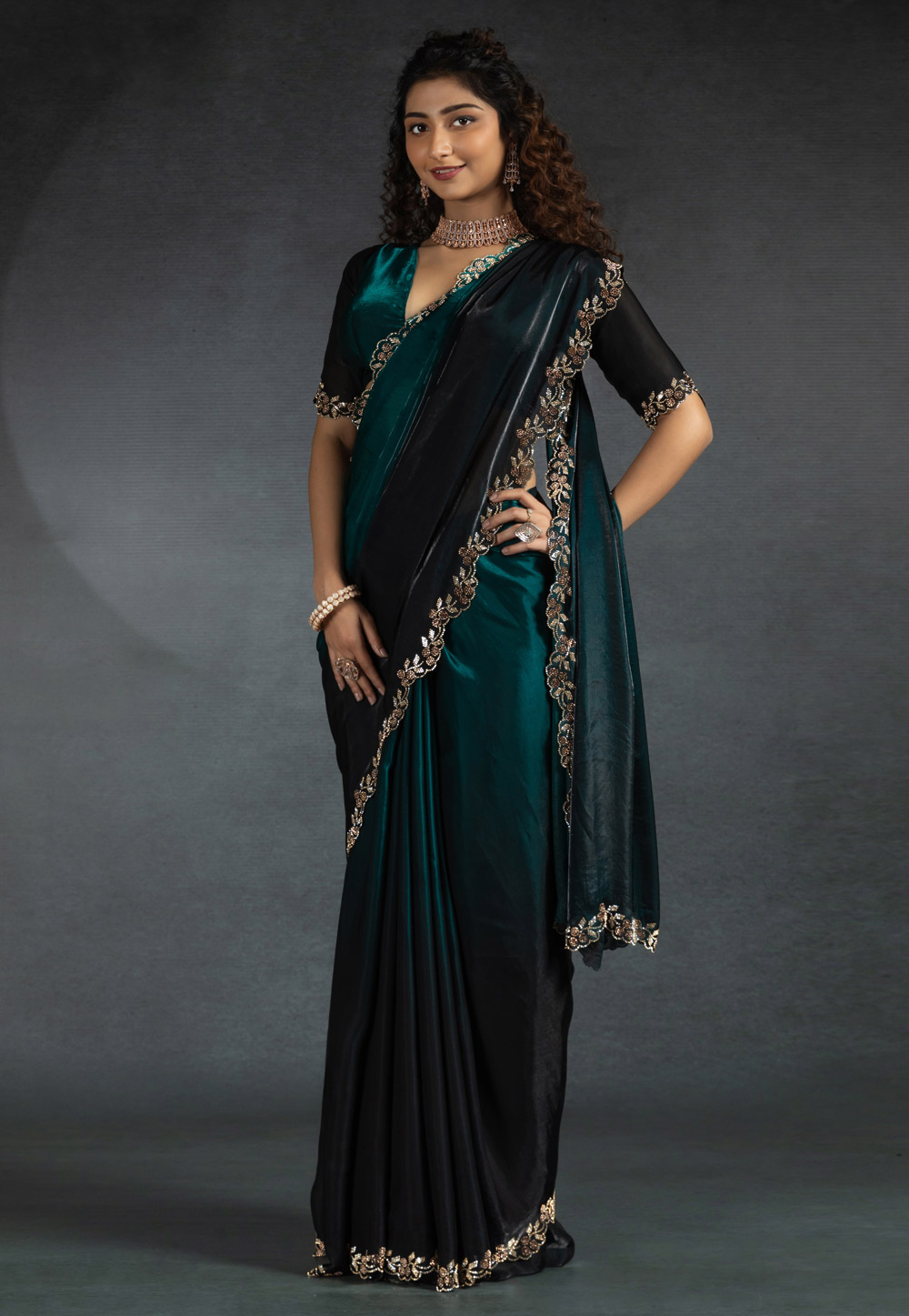 Teal Satin Silk Saree With Blouse 307693
