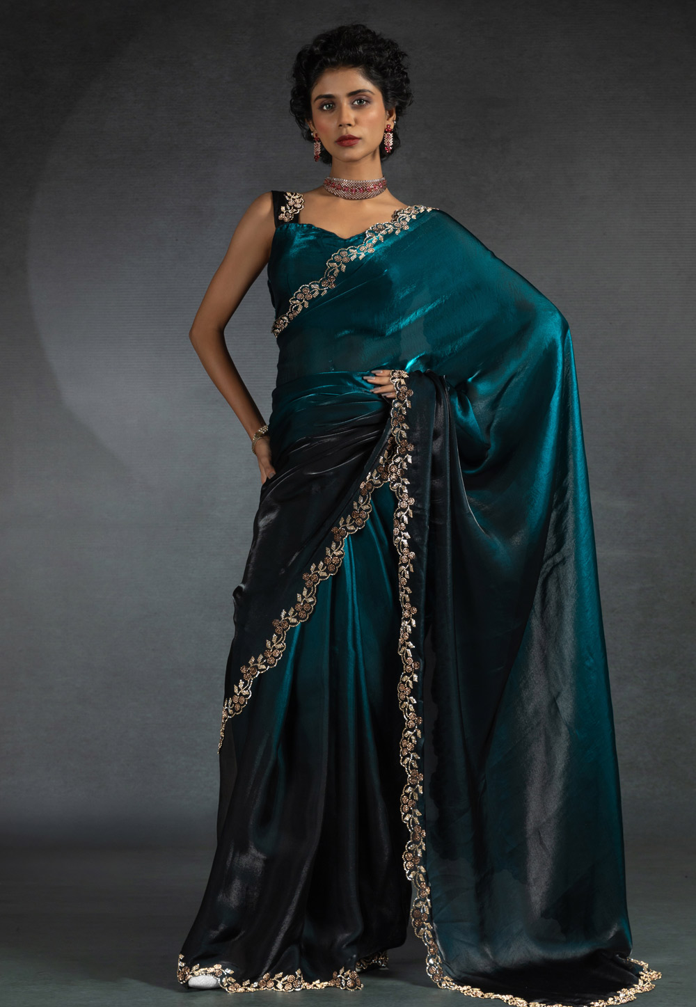 Teal Satin Silk Saree With Blouse 307695